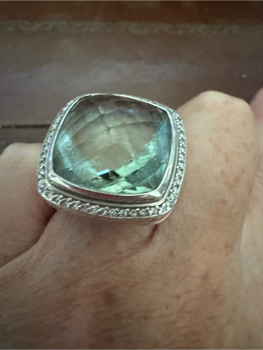 David Yurman Cushion Light Green Gemstone Ring with Silver Halo - Picture 5 of 5